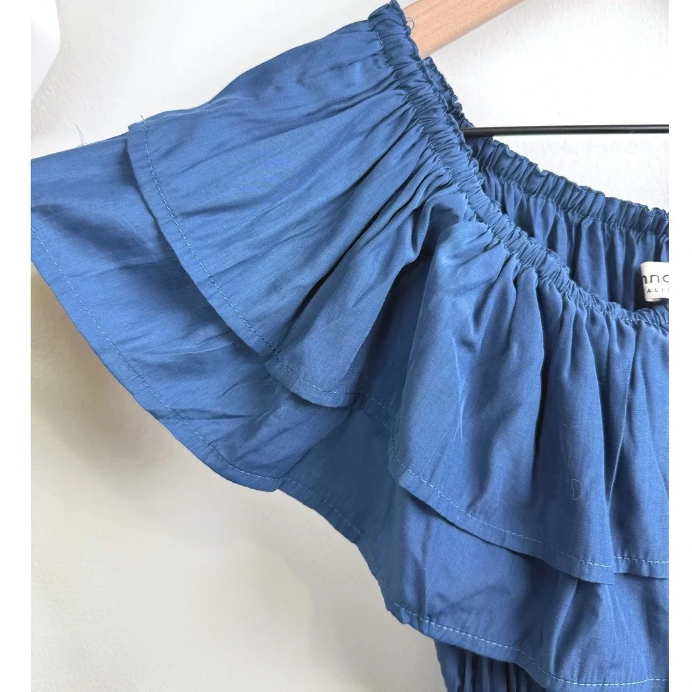 Anna-Kaci Blue Ruffle Off Shoulder Smocked Maxi Dress Rayon Cupro Boho S